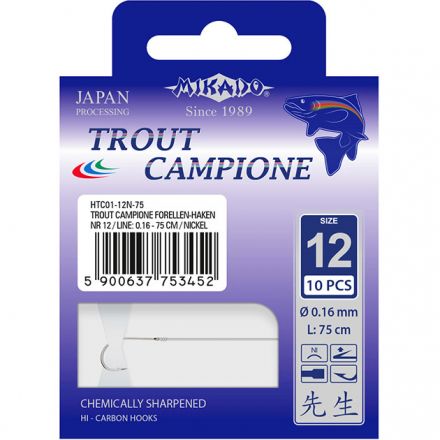 Крючки с поводками Mikado TROUT CAMPIONE № 10 NI / 0.18 мм. / 75 см. ( 10 шт.)