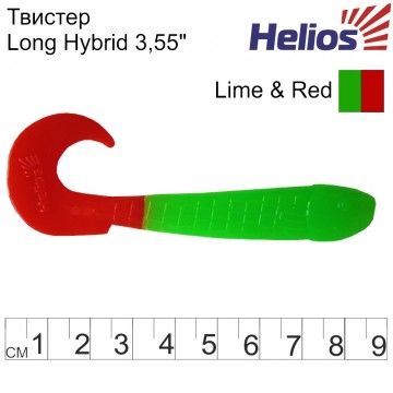 Твистер Helios Long Hybrid 3,55&quot;/9,0 см Lime &amp; Red 7шт. (HS-15-021)